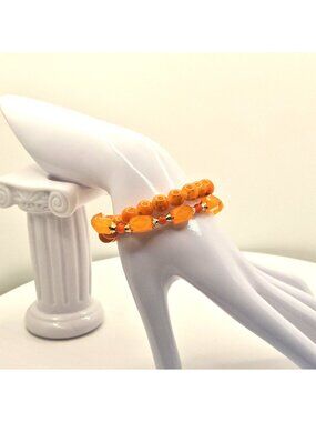 Orange Beaded Stretch Bracelet Set With Gold Tone Seahorse Charm
